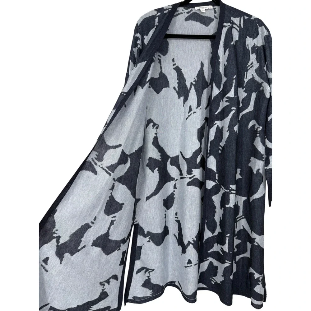 Chicos Women's Jacquard Floral Longline Open Front Cardigan Duster Size Medium